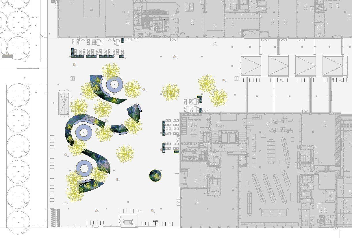 A floor plan of a building with a lot of trees