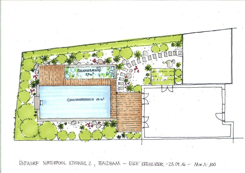 A drawing of a house with a swimming pool