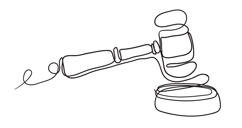 A continuous line drawing of a judge 's gavel on a white background.