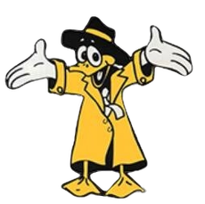 A cartoon duck wearing a yellow coat and hat is standing with his arms outstretched.