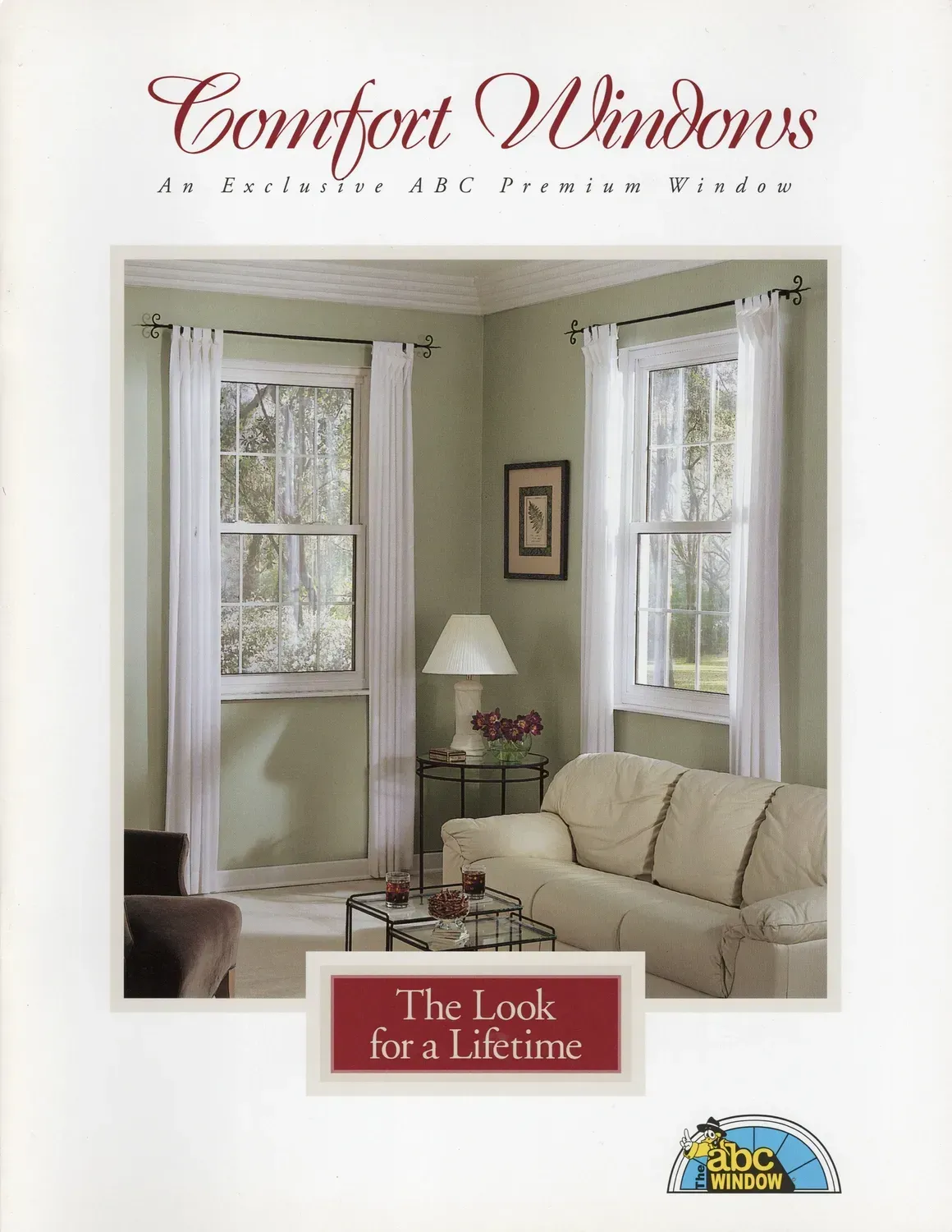 A brochure for comfort windows shows a living room