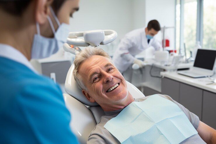 A man is smiling while sitting in a dental chair.