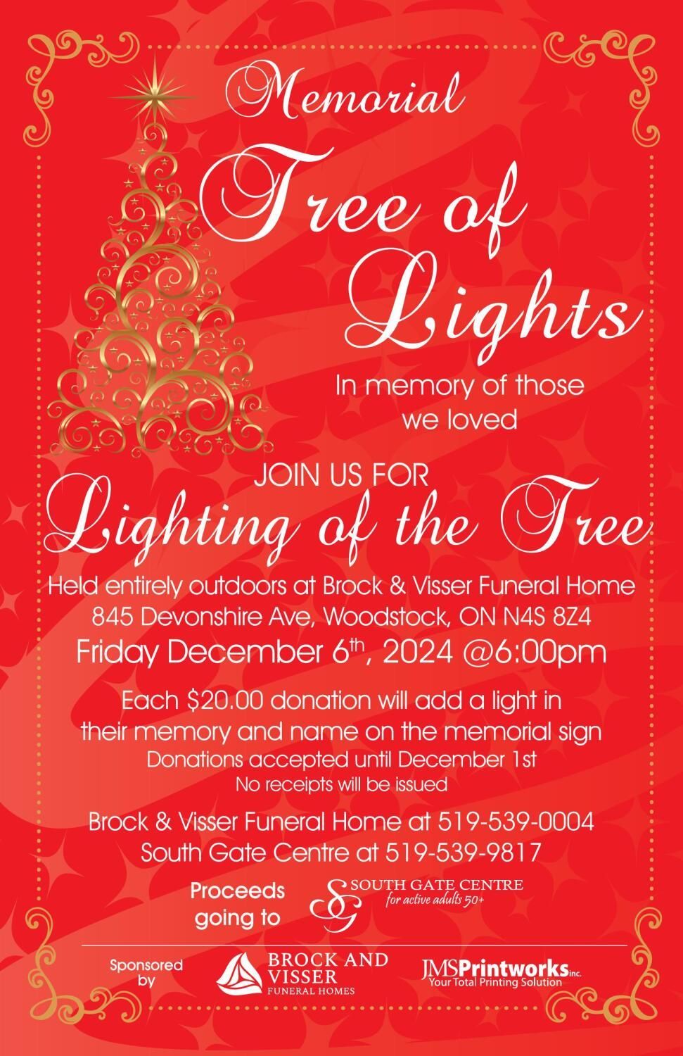 A red memorial tree of lights flyer with a Christmas tree on it