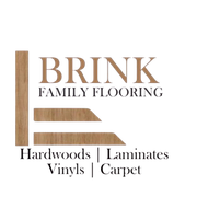 Logo for Brink Family Flooring: Text with a wooden plank design; listing hardwoods, laminates, vinyls, and carpet.