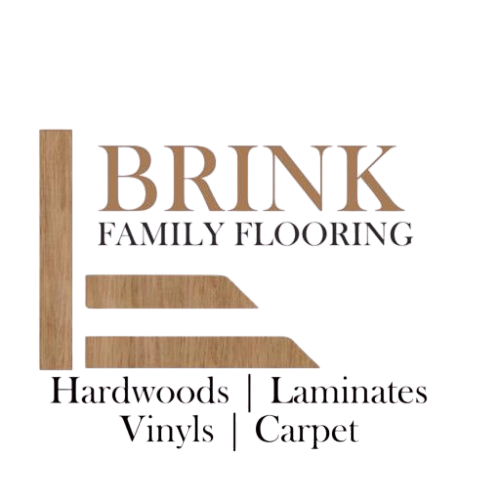 Logo for Brink Family Flooring: Text with a wooden plank design; listing hardwoods, laminates, vinyls, and carpet.