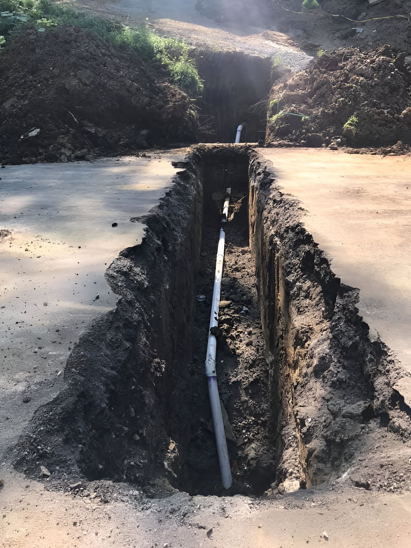 Trench dug in asphalt reveals plumbing. Dirt piles on either side.