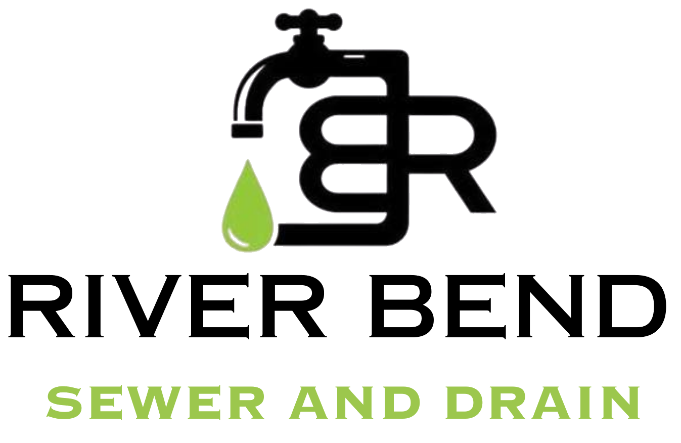 Logo for River Bend Sewer and Drain. A black faucet drips green water onto text: River Bend Plumbing. Black "GBR" monogram.