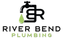 Logo for River Bend Plumbing. A black faucet drips green water onto text: River Bend Plumbing. Black "GBR" monogram.