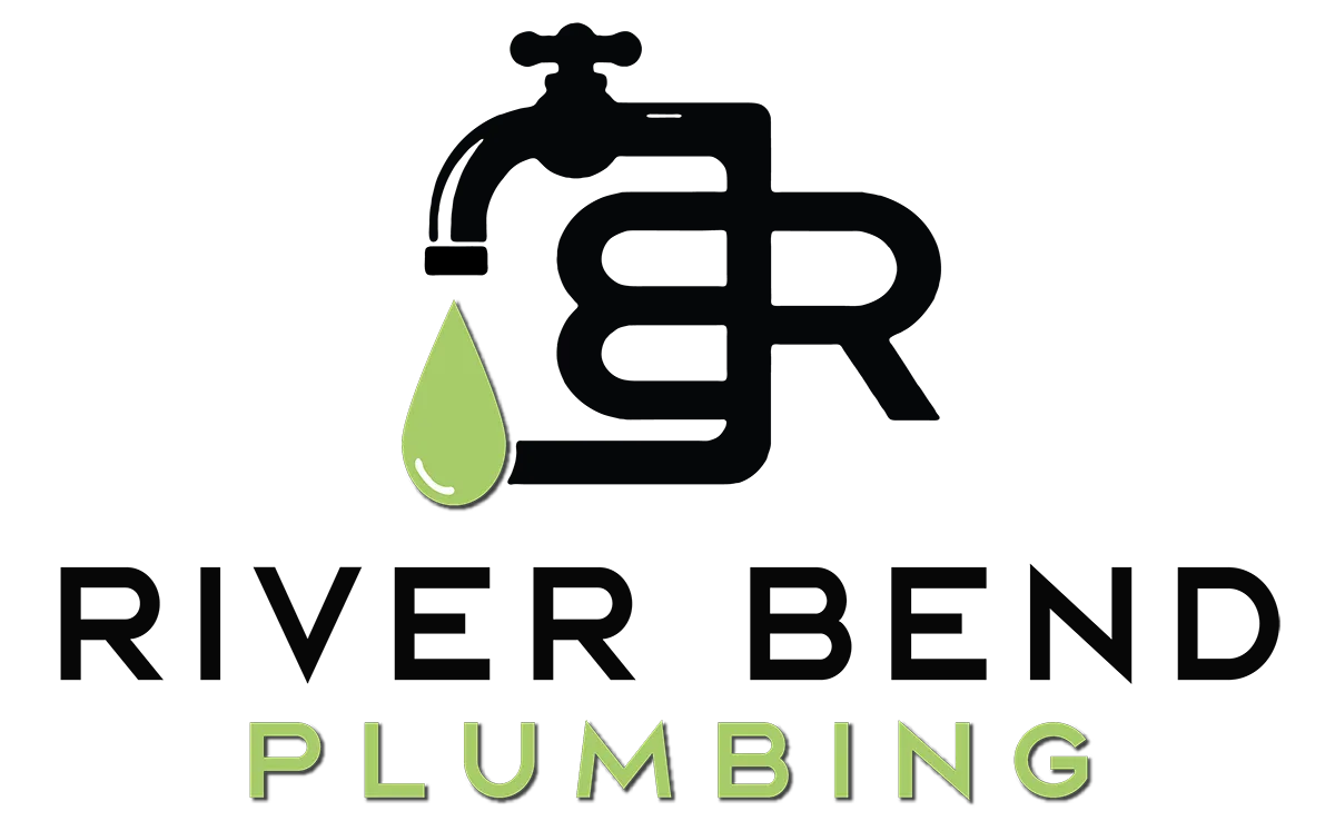 Logo for River Bend Plumbing. A black faucet drips green water onto text: River Bend Plumbing. Black "GBR" monogram.