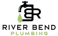 Logo for River Bend Plumbing. A black faucet drips green water onto text: River Bend Plumbing. Black "GBR" monogram.