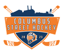 Columbus Street Hockey logo with navy and orange shield, skyline, crossed hockey sticks, and a puck emblem
