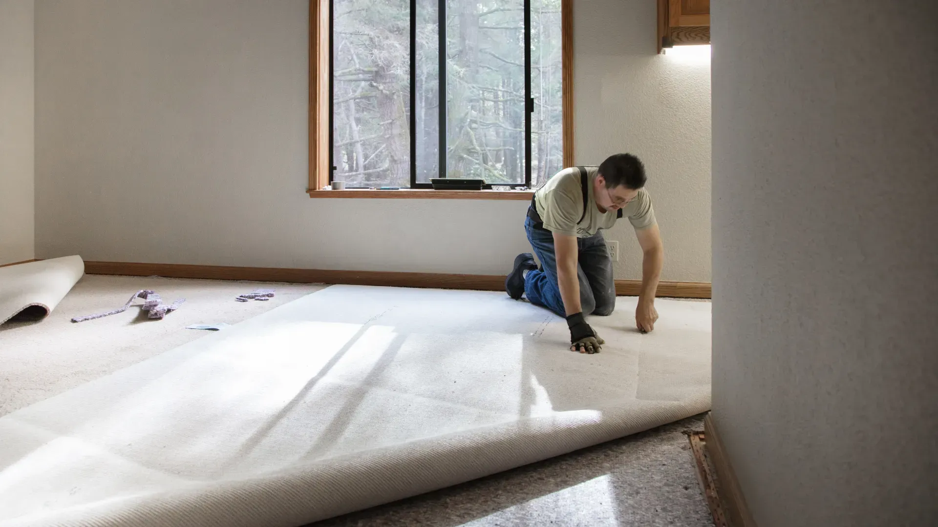 A man is kneeling on a carpeted floor in a room.