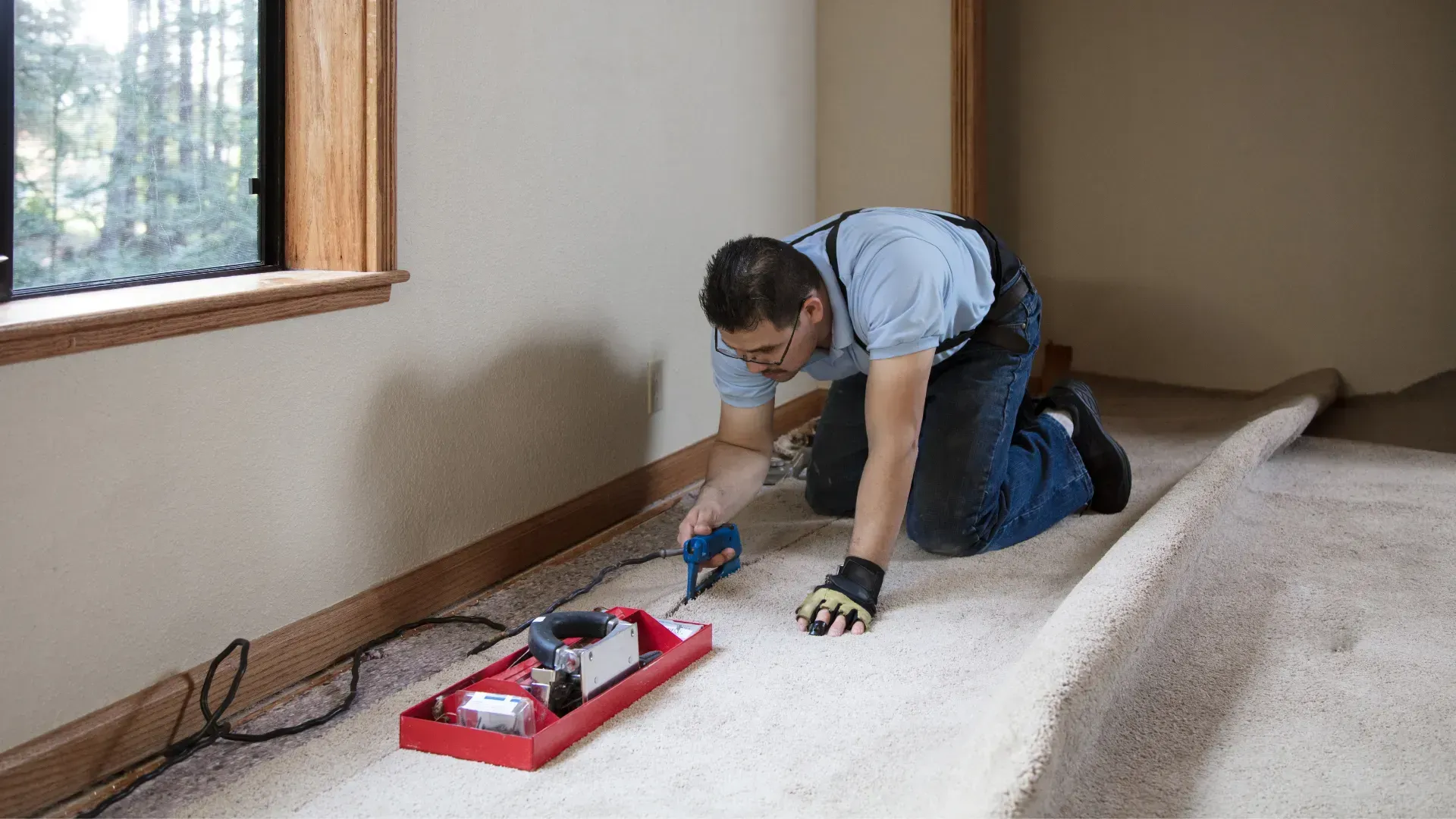 A man is kneeling on the floor while installing a carpet.