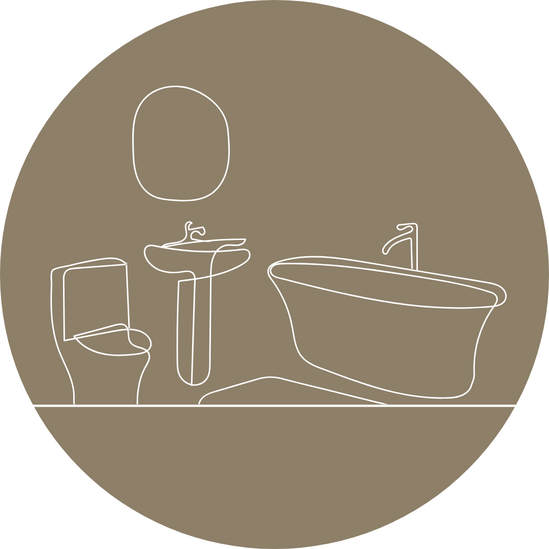 Eine Strichzeichnung eines Badezimmers mit Waschbecken, Toilette, Spiegel und Badewanne.