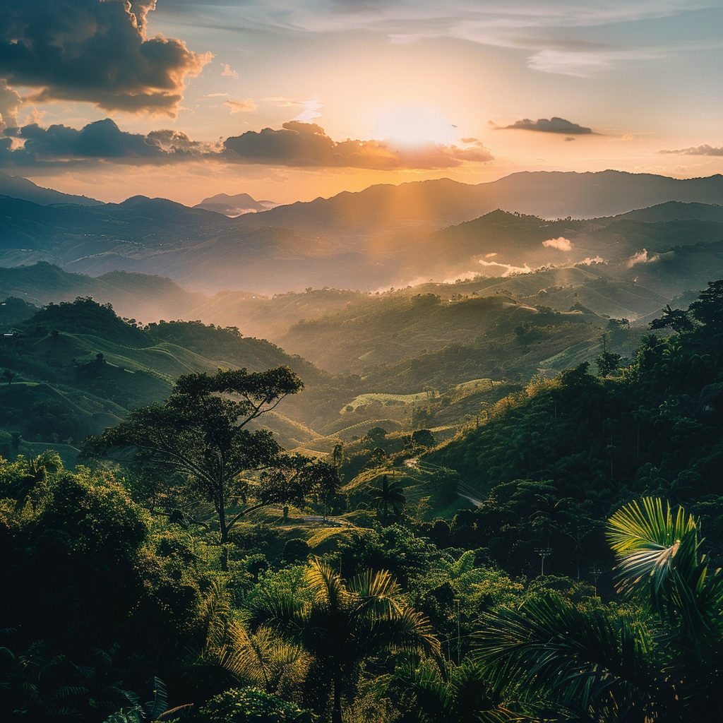 the sun is shining through the clouds over the mountains in Jamaica