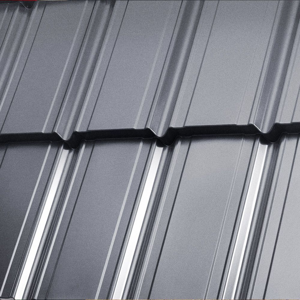 A close up of a gray metal roof