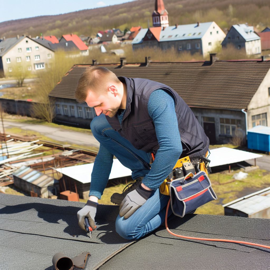A man is kneeling on a roof working on a pipe