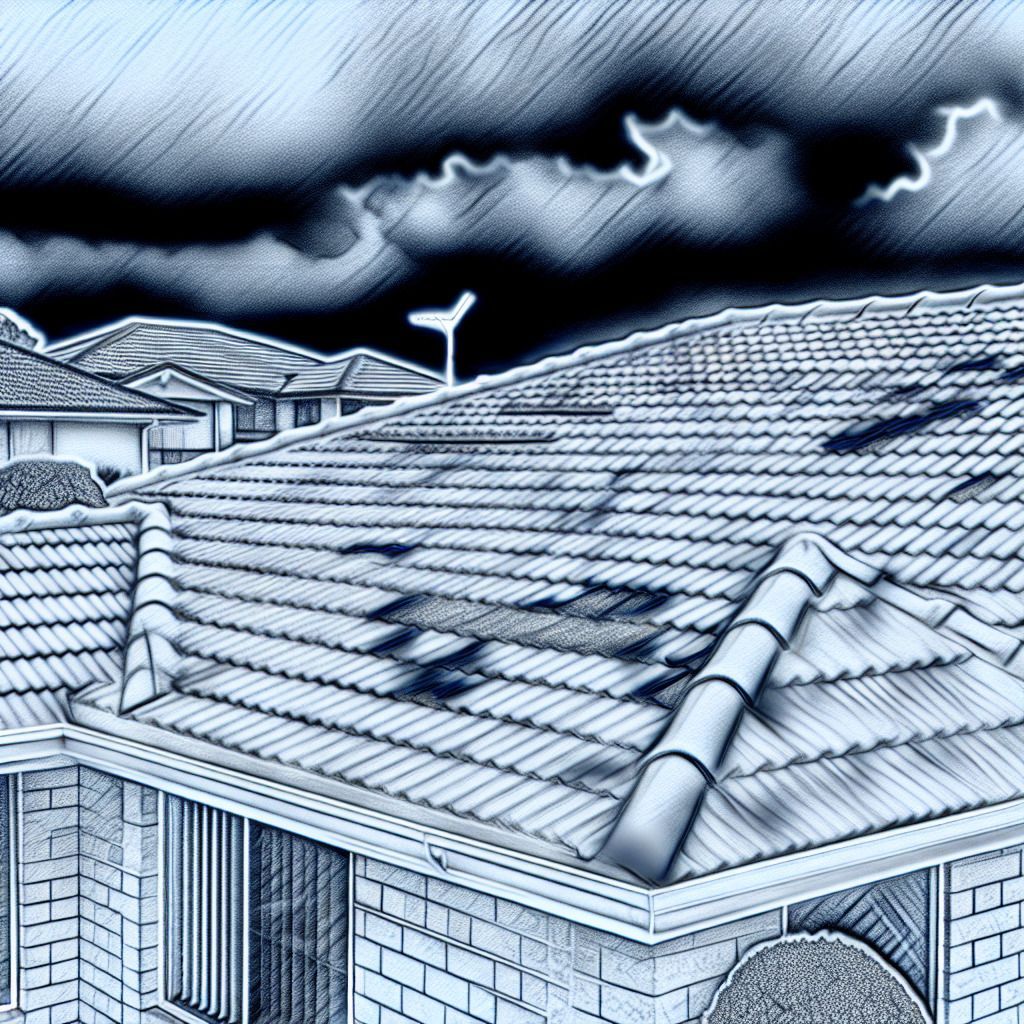 A black and white drawing of a house with a tiled roof.