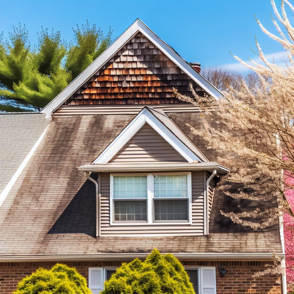 A house with a triangle shaped roof and a window