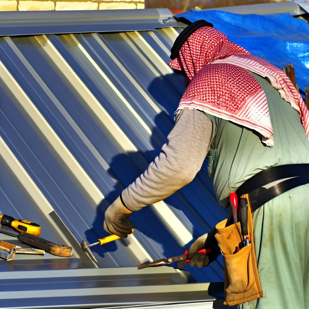 A man wearing a head scarf is working on a metal roof