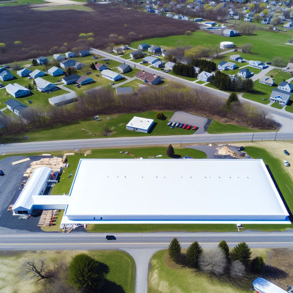 An aerial view of a large white building in a small town