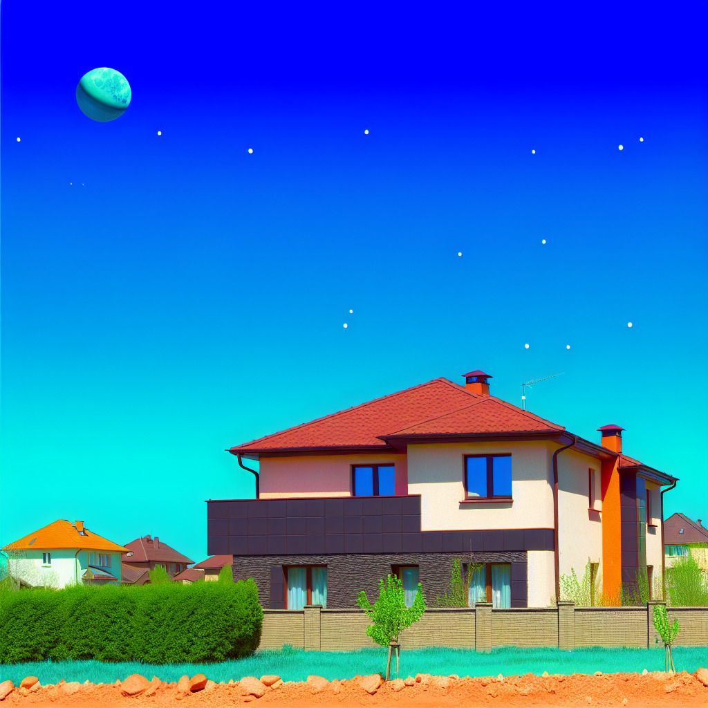 A house with a red roof and a blue moon in the sky