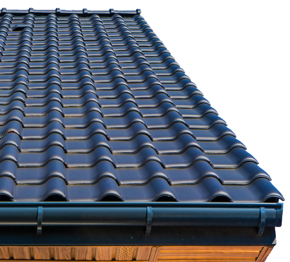 A close up of a black tiled roof on a white background