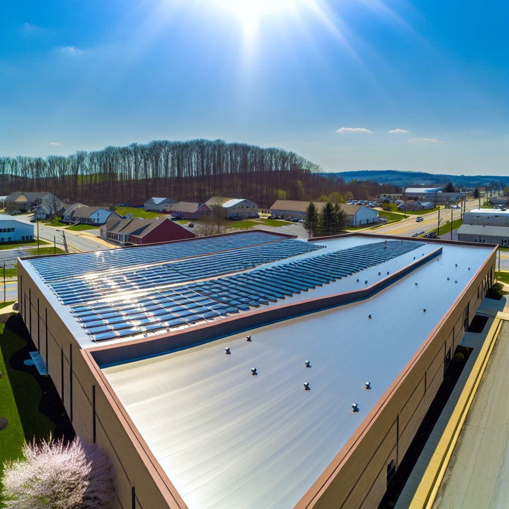 An aerial view of a building with solar panels on the roof