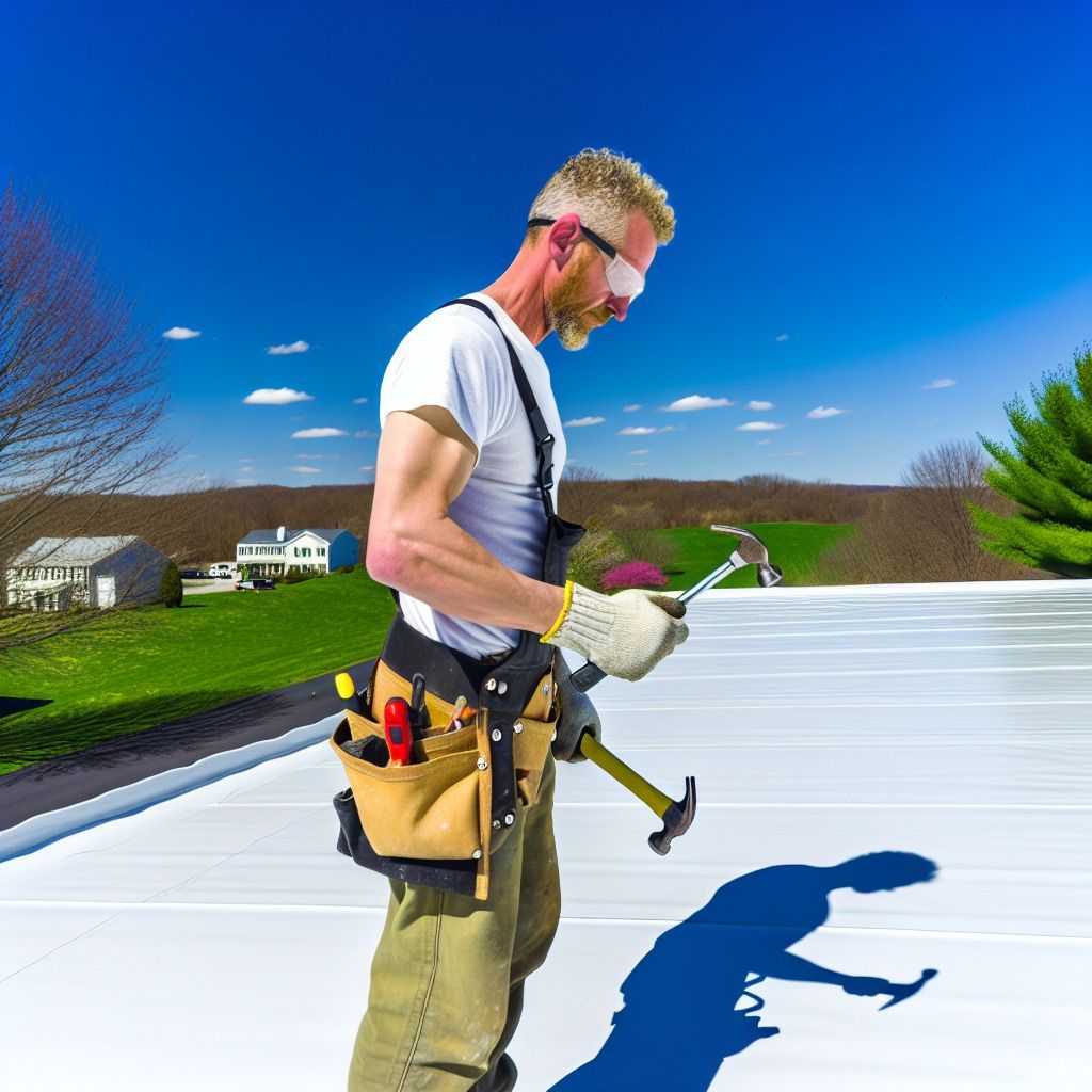 A man is standing on a white roof holding a hammer