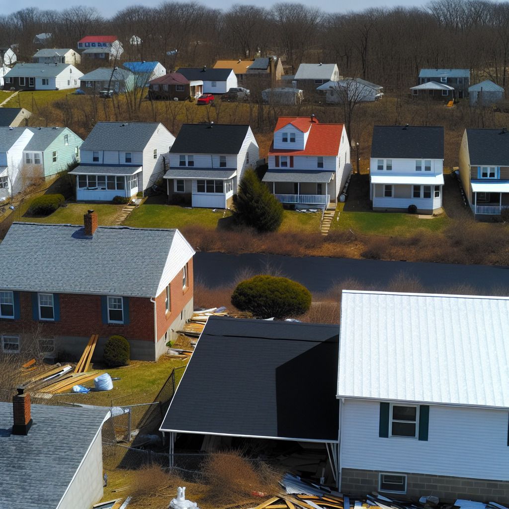 An aerial view of a residential area with a river in the background
