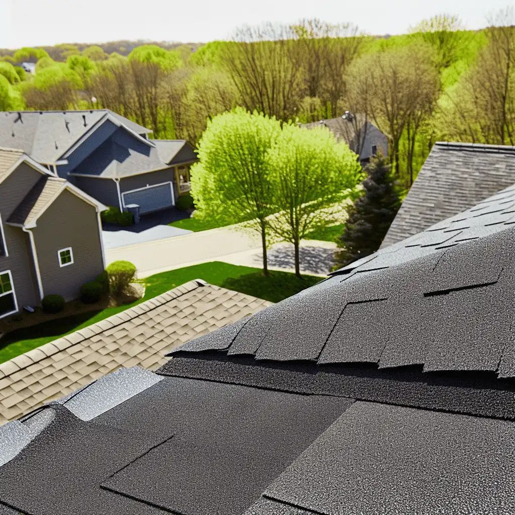 An aerial view of a roof of a house in a residential area
