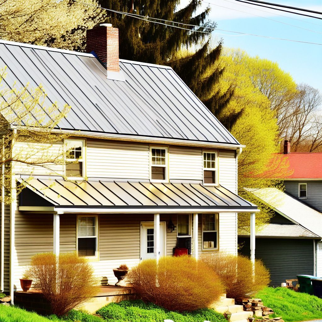 A white house with a metal roof and a porch