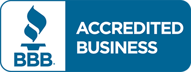 BBB Accredited Business logo, blue and white. Contains a torch and the text "Accredited Business".