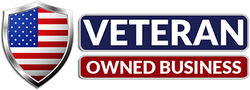 American flag shield with "VETERAN OWNED BUSINESS" text.