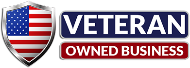 American flag shield with "VETERAN OWNED BUSINESS" text.