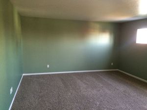 Empty unfurnished room with green walls, carpeted floor, and a window on the right.
