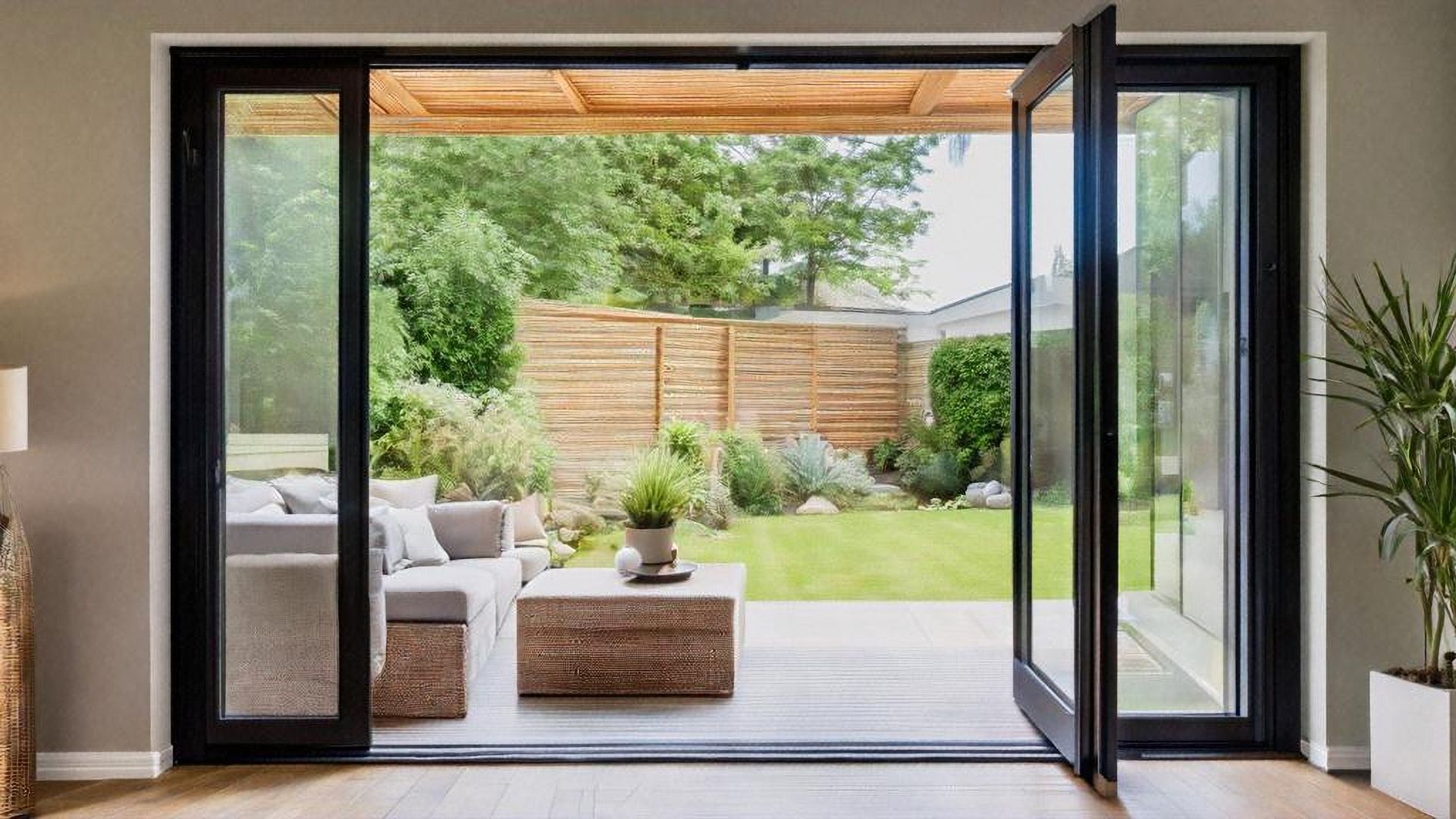 Modern living room with open glass doors leading to a patio and green backyard.