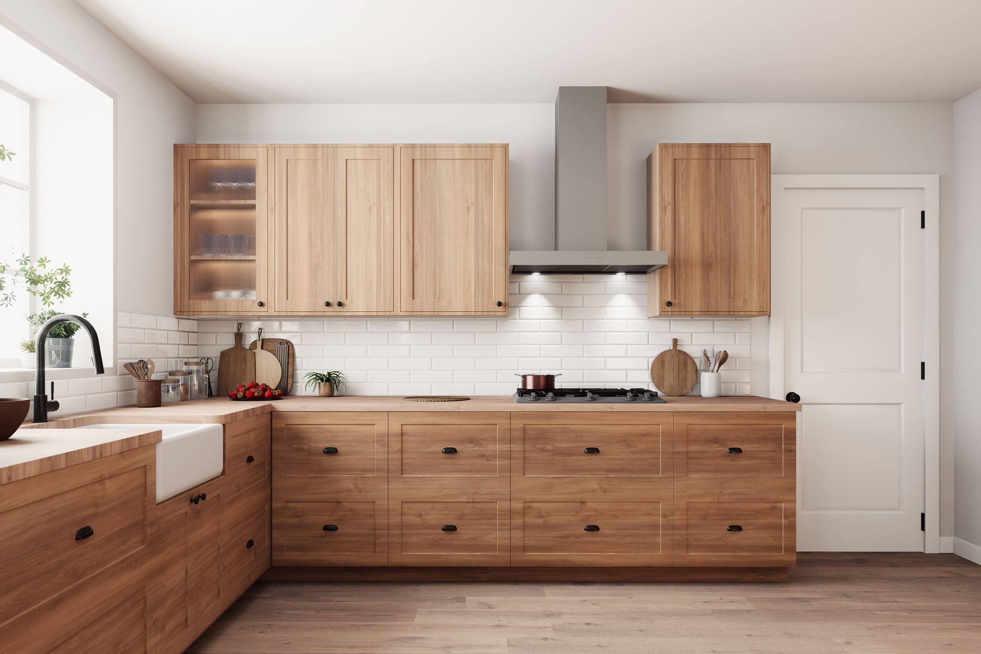 Modern kitchen with light wood cabinets, white countertops, stainless range hood, and a white door