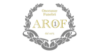 Logo per l'impresa di pompe funebri AROF, con corona d'alloro e la scritta 