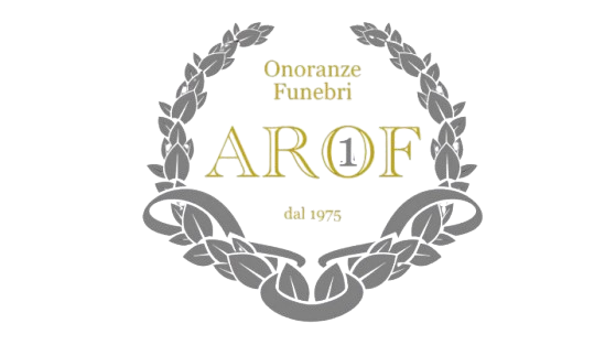 Logo per l'impresa di pompe funebri AROF, con corona d'alloro e la scritta 
