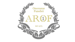 Logo per l'impresa di pompe funebri AROF, con corona d'alloro e la scritta 