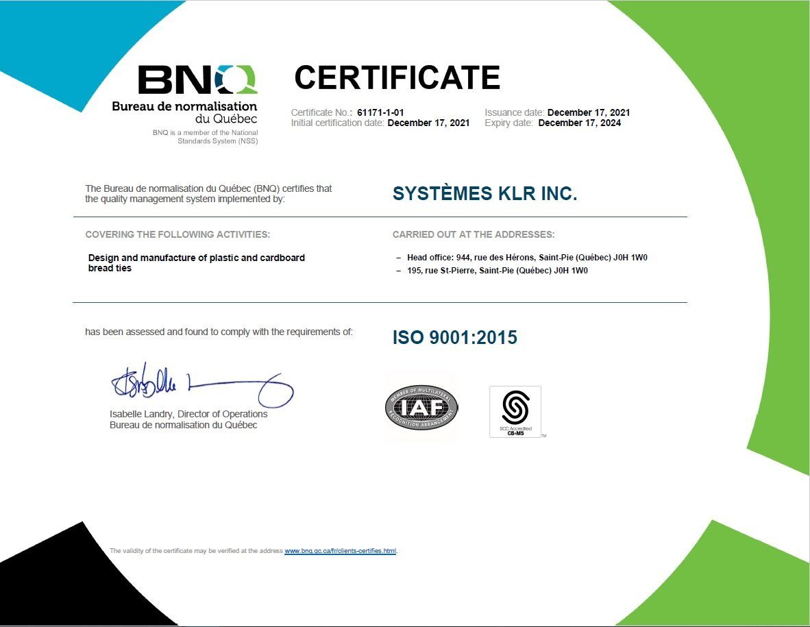 KLR ISO 9001 certificate