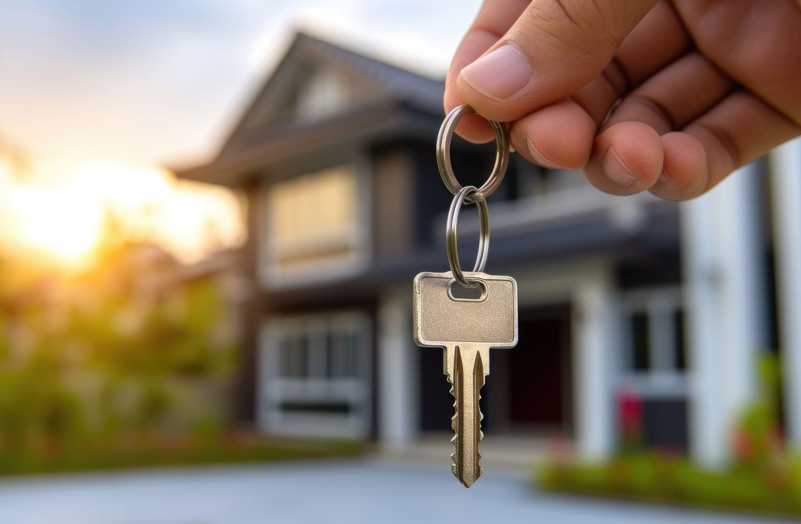 A person is holding a key in front of a house.