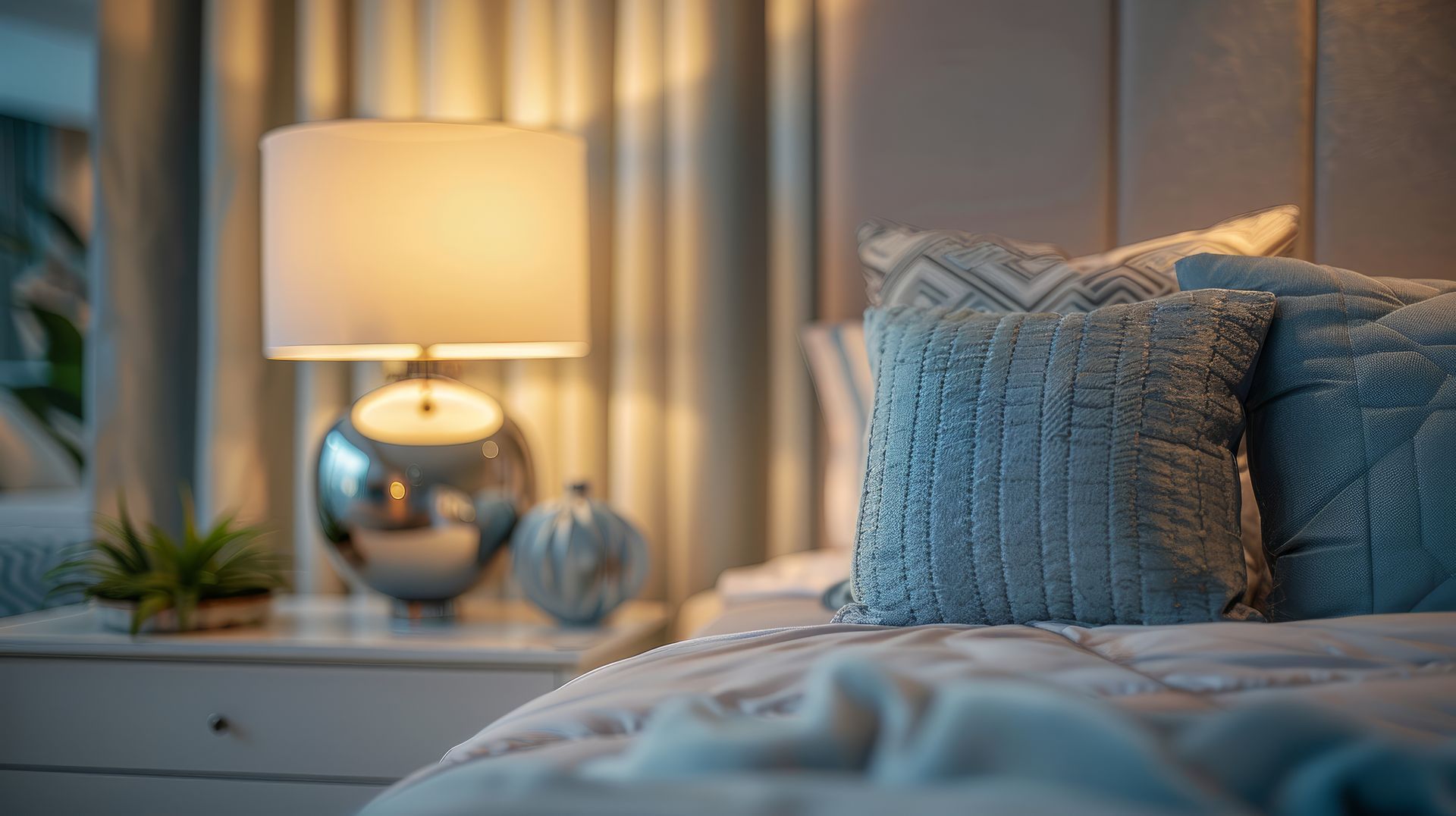 A bedroom with a bed , nightstand , lamp and blue pillows.