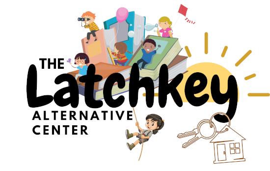 Logo for The Latchkey Alternative Center with children atop books, sun, keys, and a house illustration.