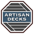 Artisan Decks logo: Octagon frame with dark blue text on a gray deck design.