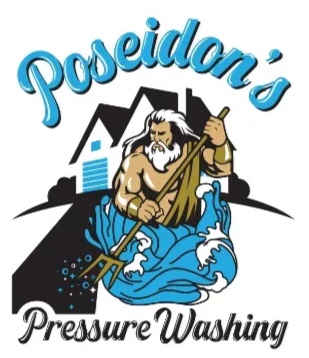 Poseidon’s Pressure Washing logo with a bearded water god holding a pressure washer amid blue waves