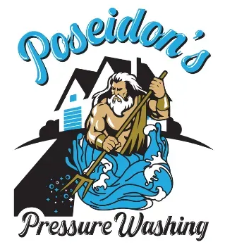 Poseidon’s Pressure Washing logo with a man on a pressure washer spraying blue water