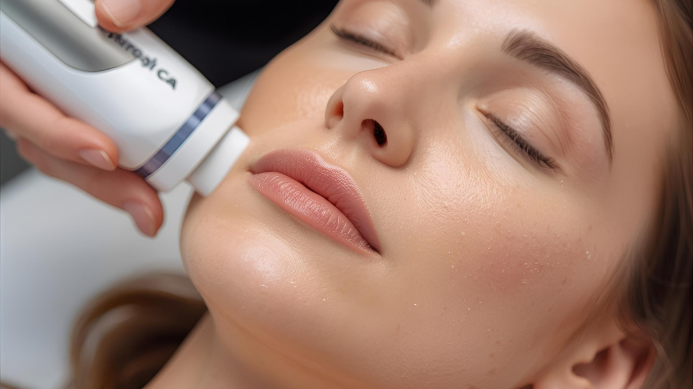 Woman receiving facial treatment; device on cheek, eyes closed.