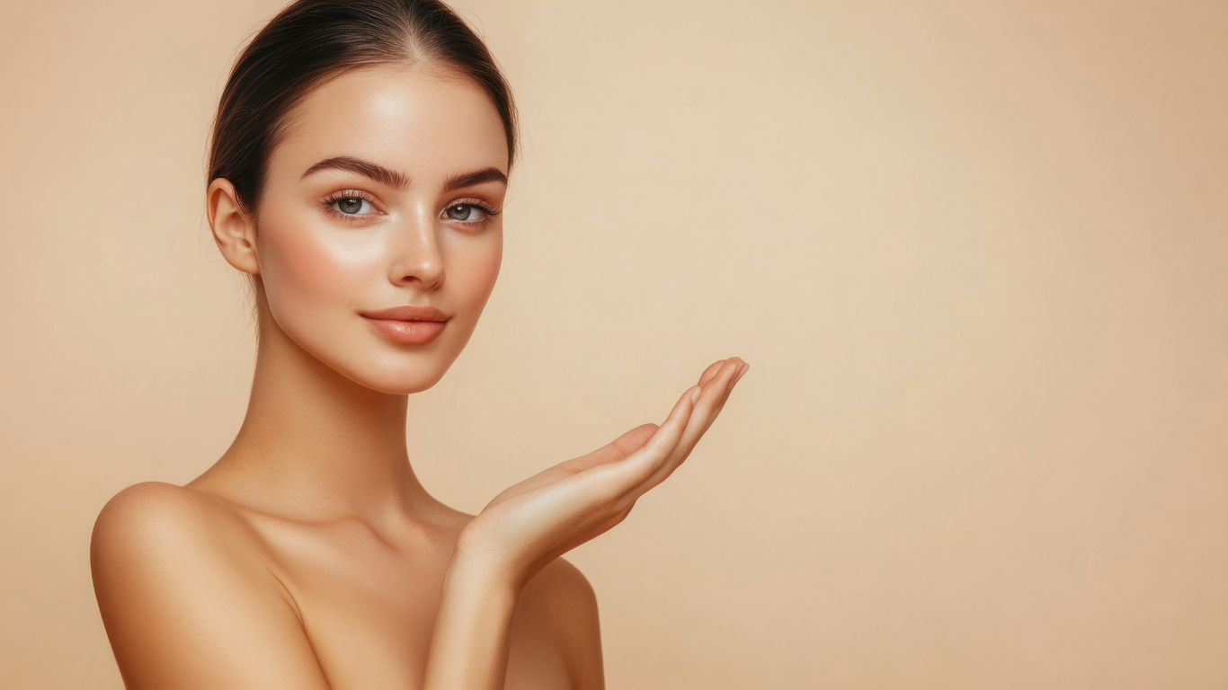 Woman with smooth skin, arm outstretched, gazing at the camera.